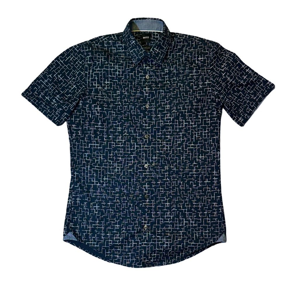 Hugo Boss mens S Small slim fit geo pattern cotton bamboo button up casual shirt